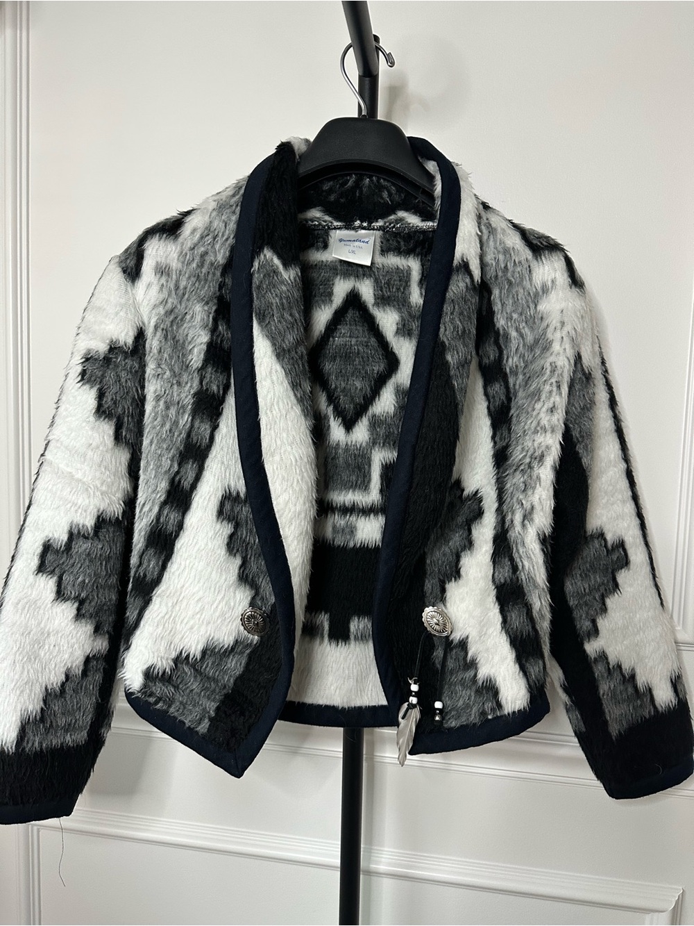 Vintage Aztec Pattern Black & White Jacket w Concho detail.